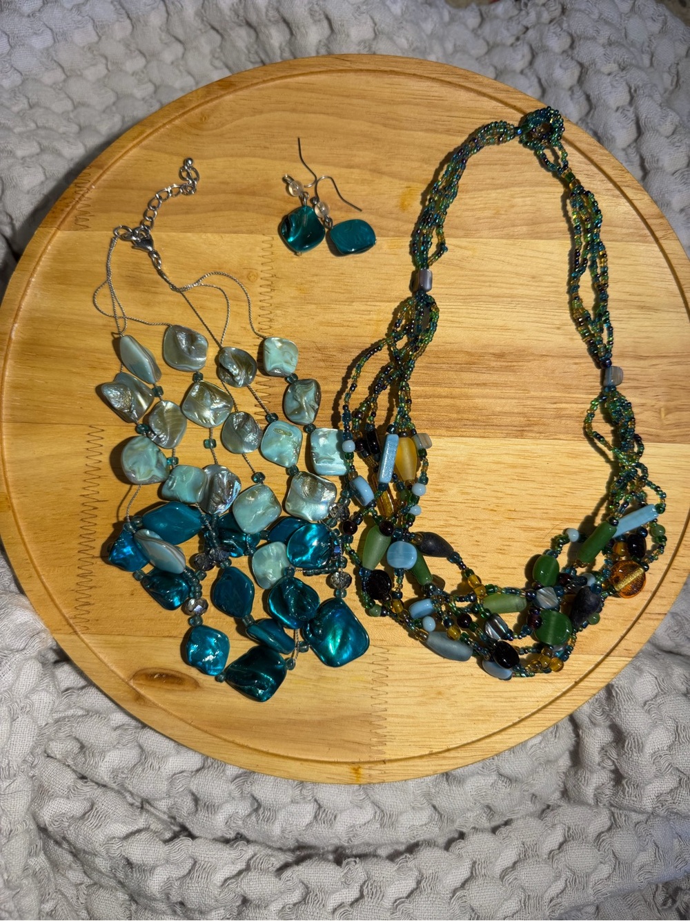 Beaded Multi-Color 2 Statement Necklace and Earrings Set - Teal & Green